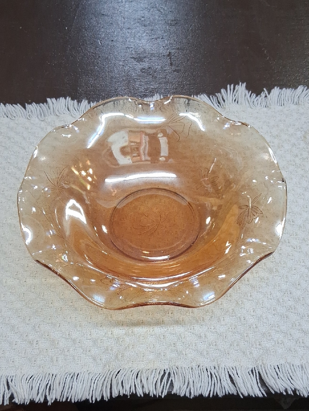 Vintage Jeannette Glass Floragold Louisa bowl in a marigold iridescent 1950's